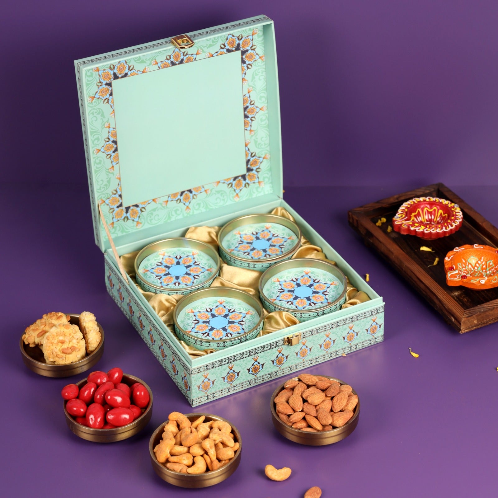 Premium Gourmet Gift Box - 4 Delicious Jars of American Salted Almonds, Masala Kaju, Butter Cashew Cookies, and Almond Dragees