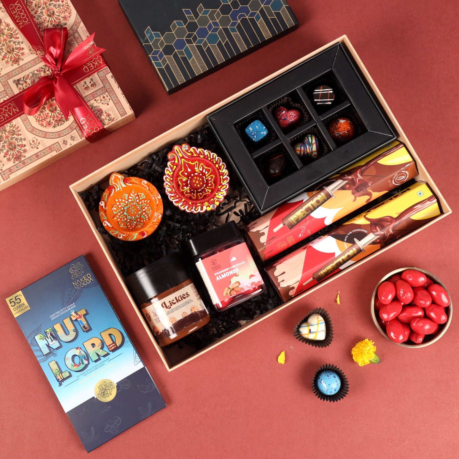 Diwali Special Gourmet Hamper - Bean to Bar Chocolate, Choco Injections, Chocolate Bon Bons, Nut Dragees, Cookie Lickies, and Handmade Diyas