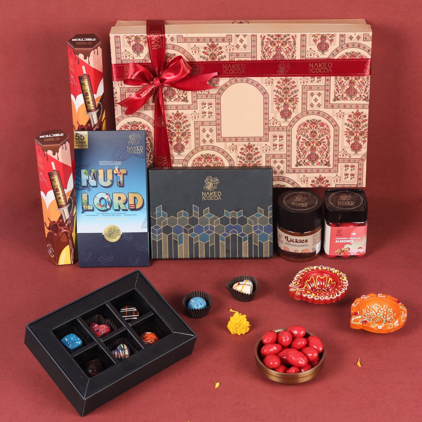 Diwali Special Gourmet Hamper - Bean to Bar Chocolate, Choco Injections, Chocolate Bon Bons, Nut Dragees, Cookie Lickies, and Handmade Diyas